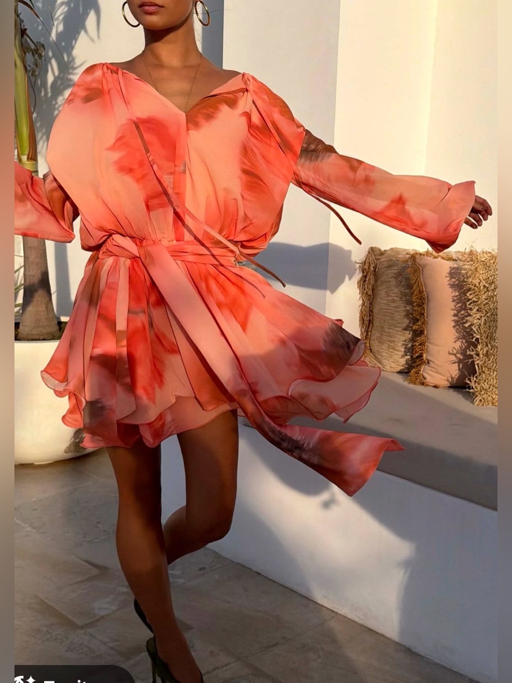 Never Fully Dressed Coral Tie-Dye Mini Dress with Wrap Waist